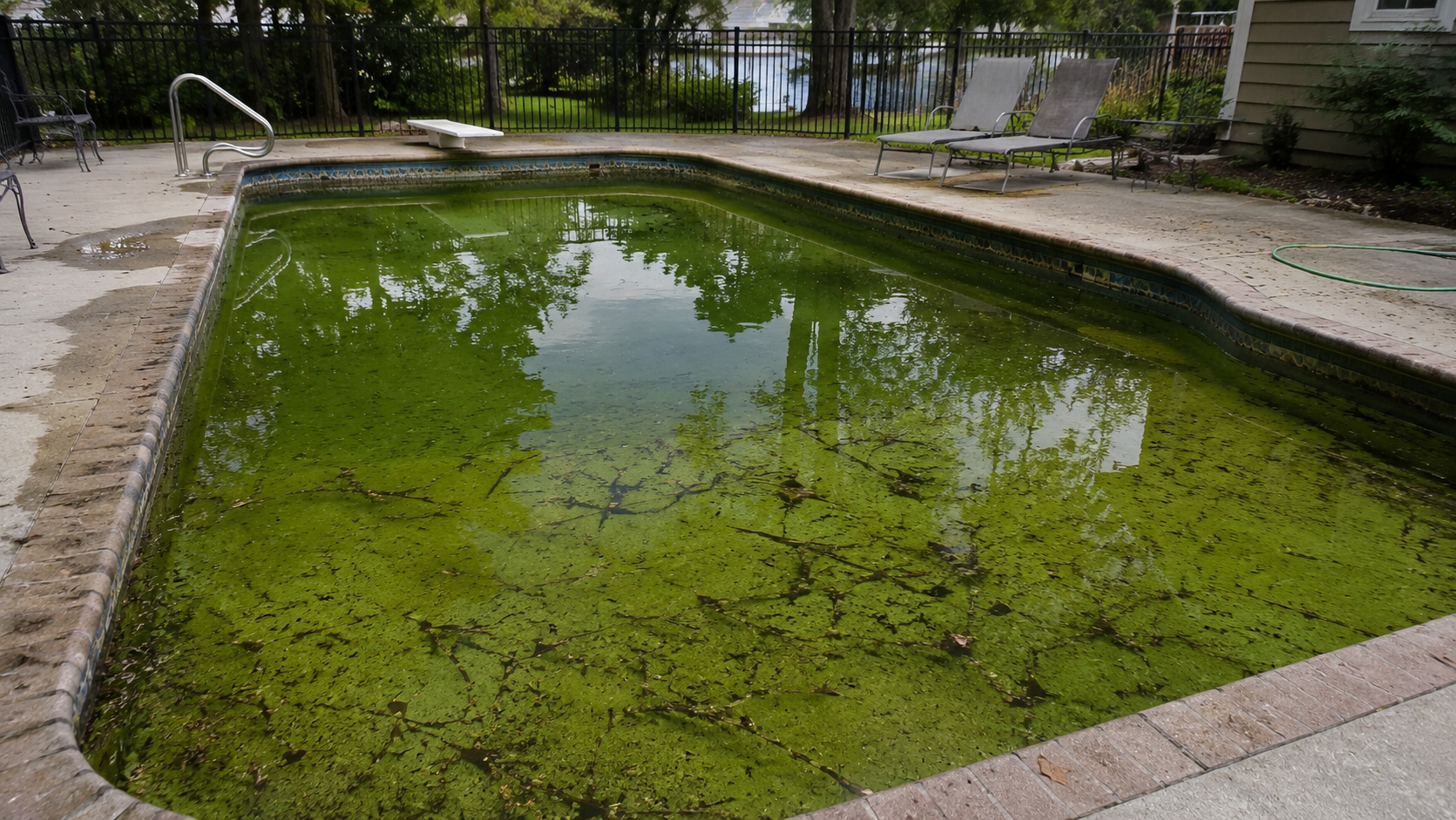 Pool before cleaning — cloudy green water